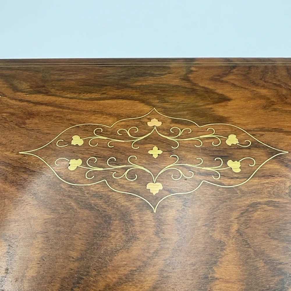 Vintage Wood Jewelry Keepsake Box Brass Inlay Locking - 2 Keys Felt Lined, 12x8